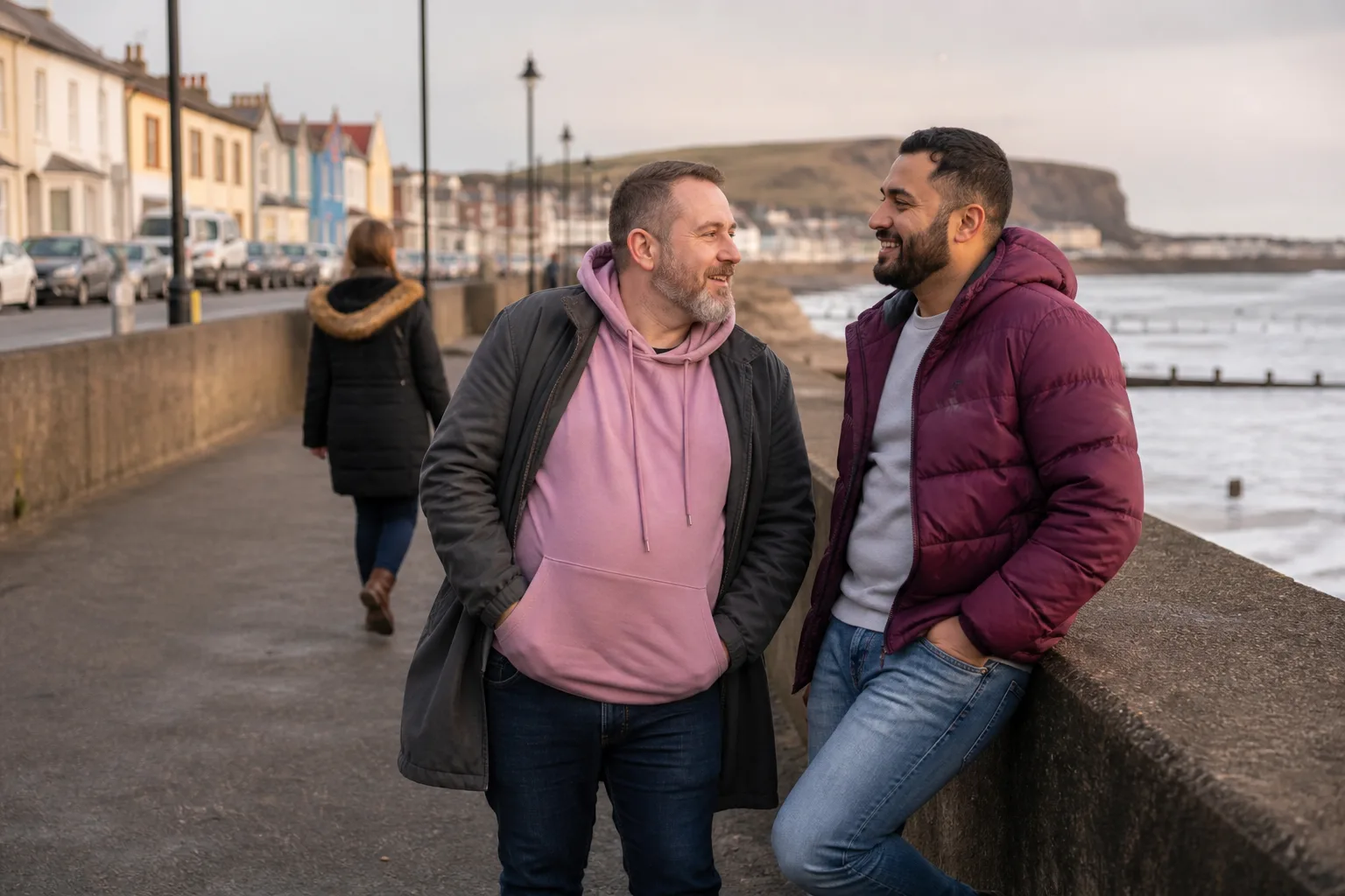 Two men talking together on Redcar seafront