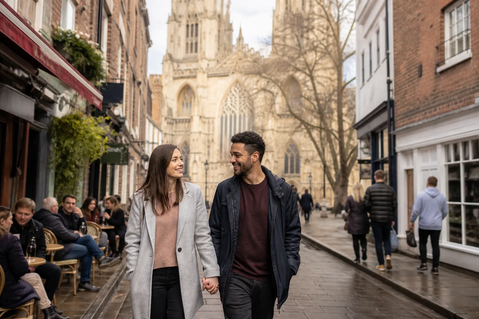 Two people talking over coffee at an independent cafe in York
