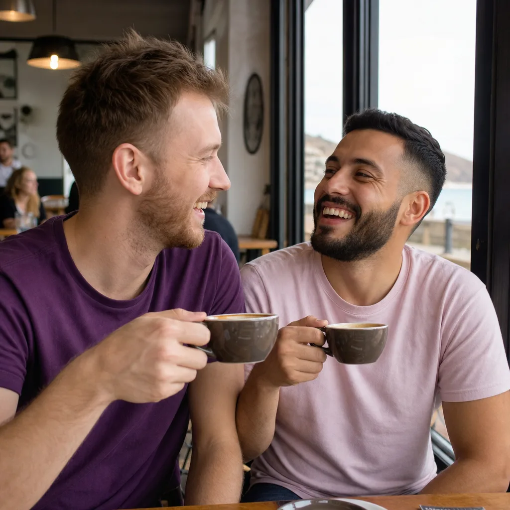 Gay couple walking beside the sea in Redcar