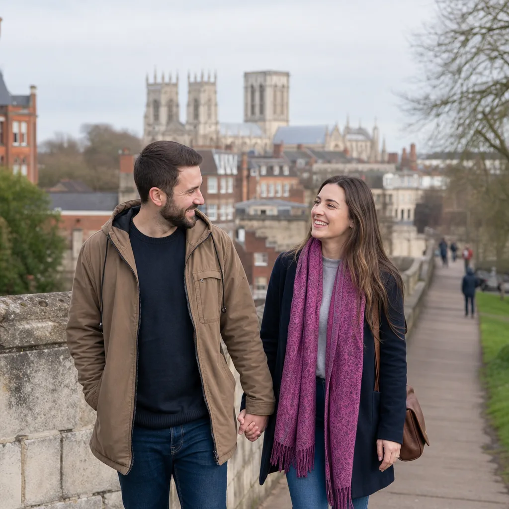 People walking beside York city walls on a clear afternoon