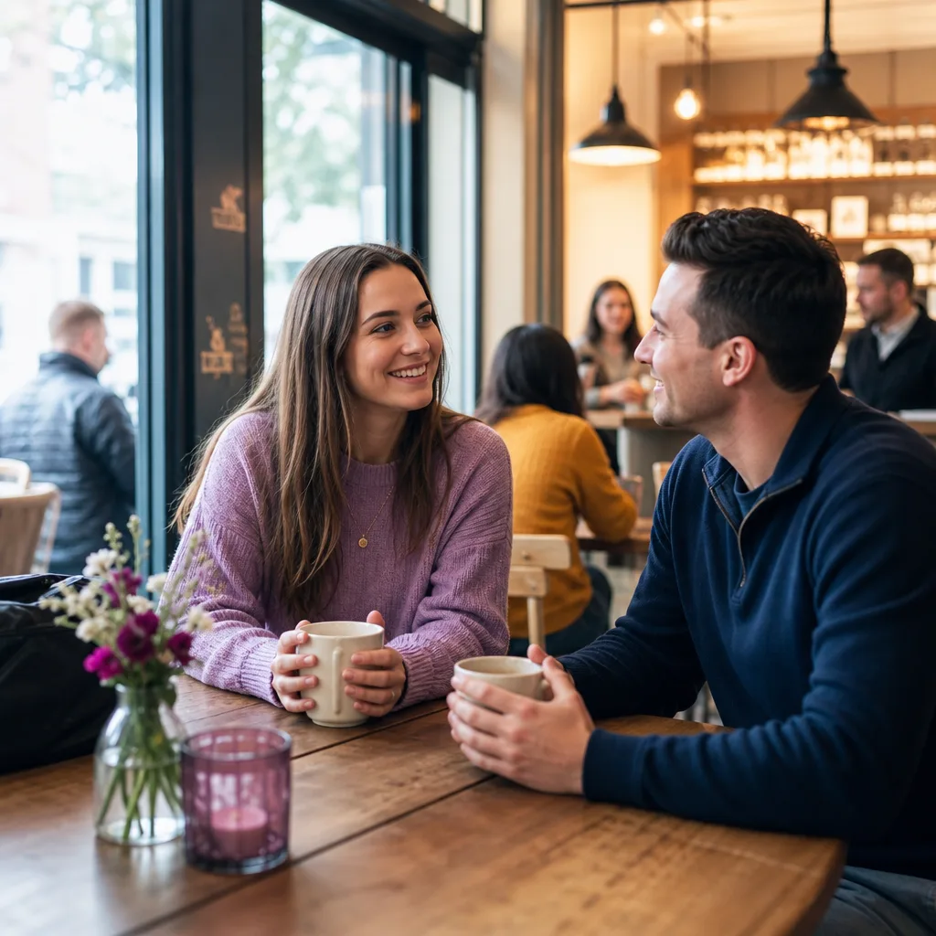 Two people discussing faith and relationships during a café date
