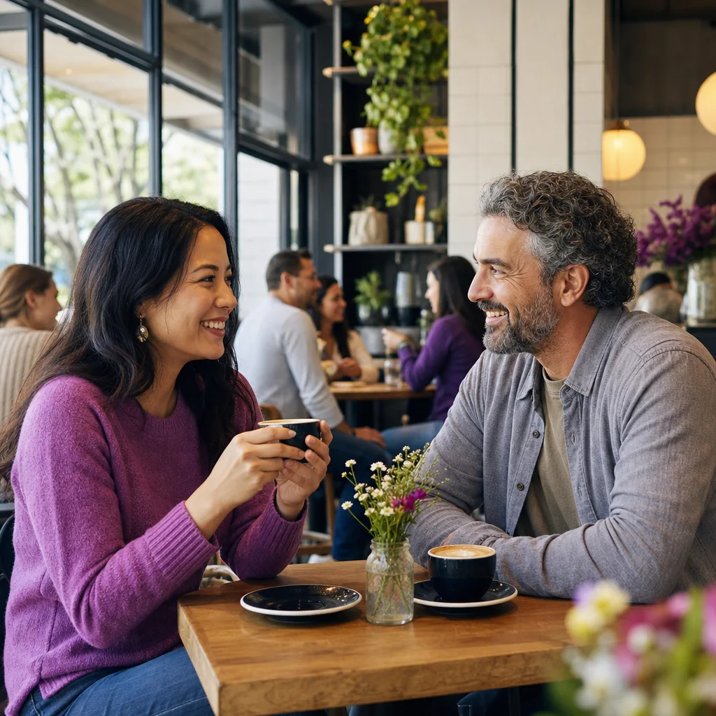 Two adults meeting at a busy Yorkshire café in daylight