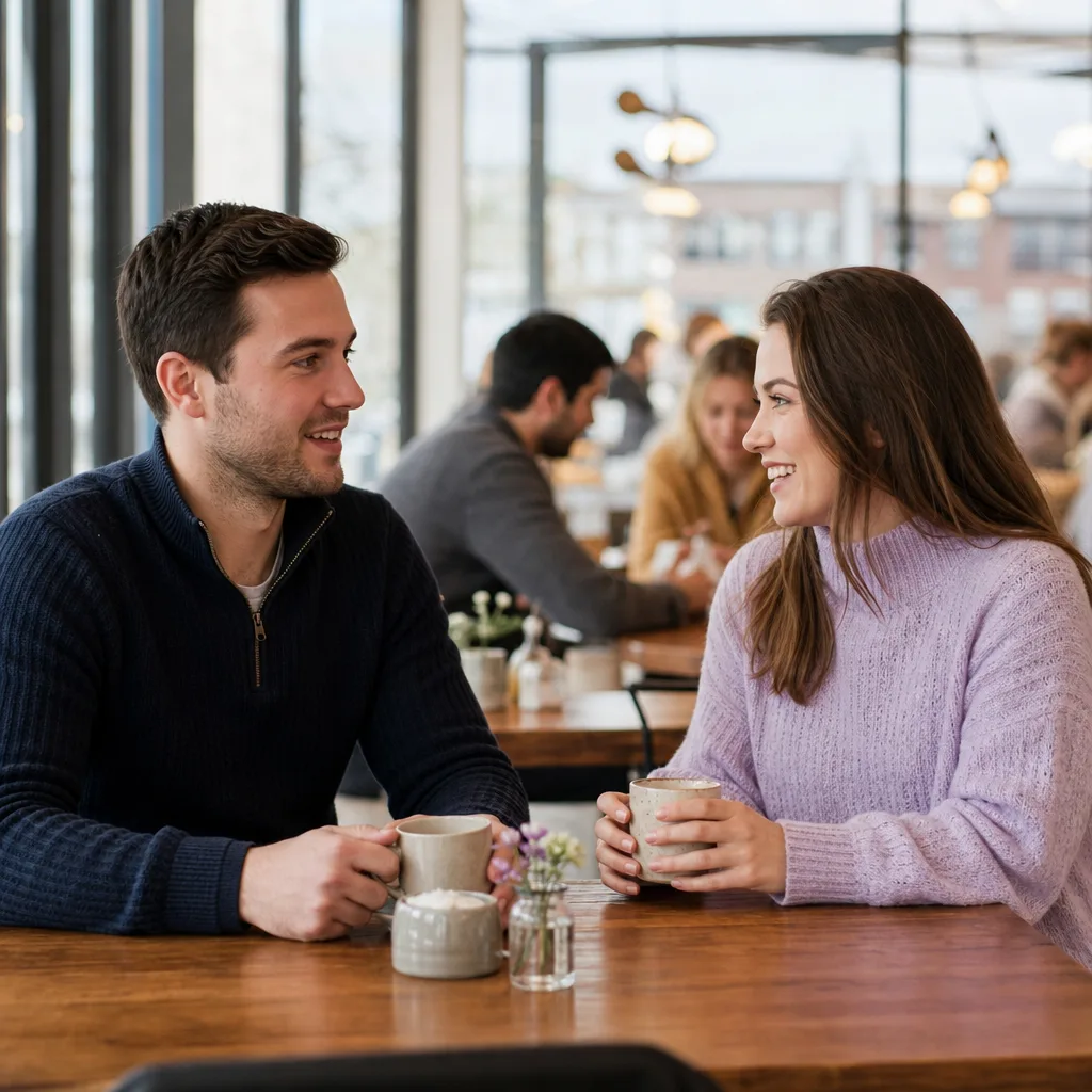 Couple meeting in a busy public square for a first date