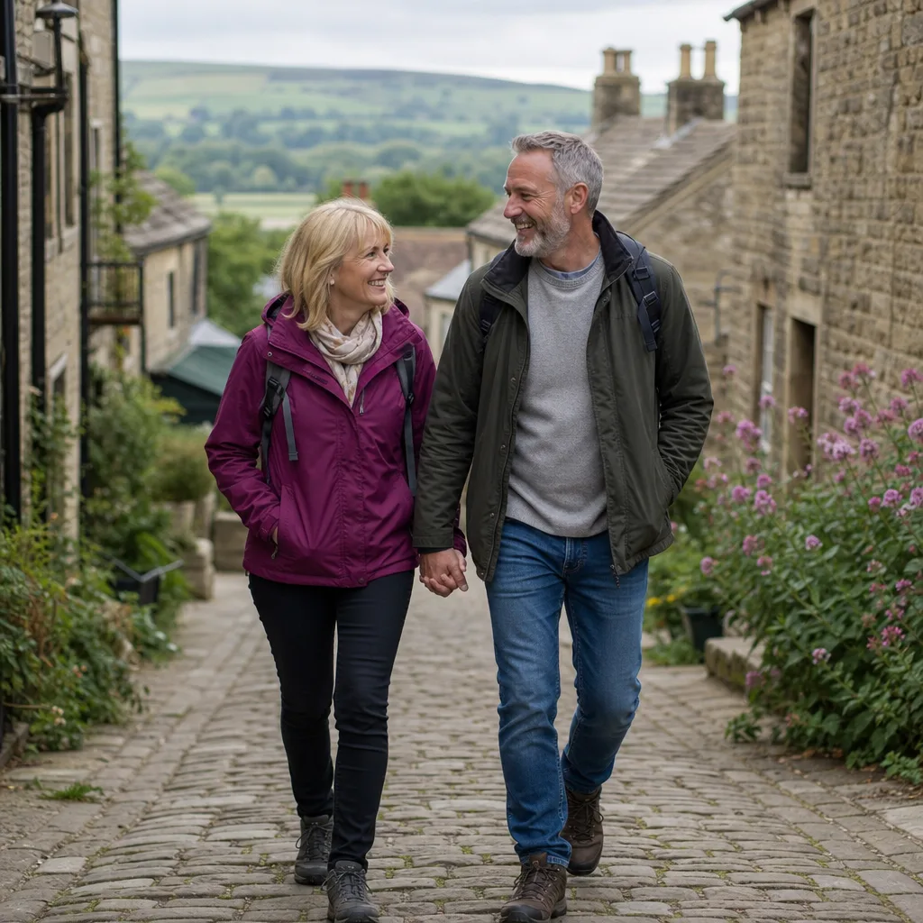 Two adults meeting in daylight outside a busy Yorkshire café