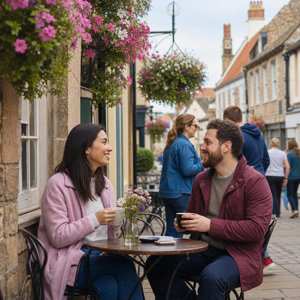 Two adults meeting for a relaxed daytime date in York city centre